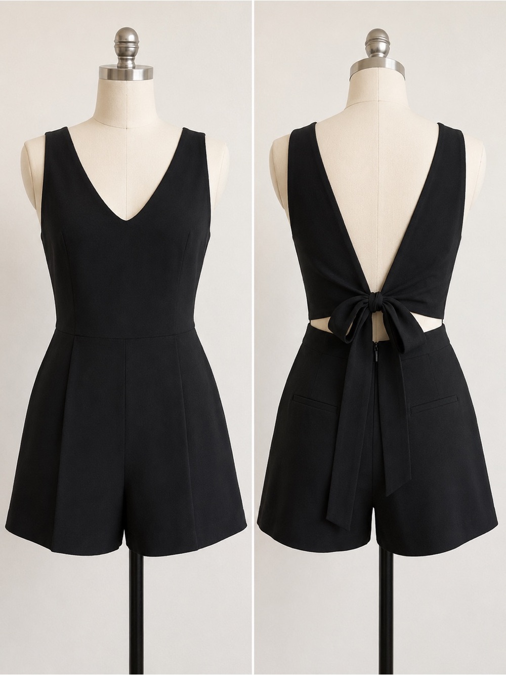 Club Monaco Black Crepe Back Tie Romper Open Back Sleeveless Fit & Flare Sz 2